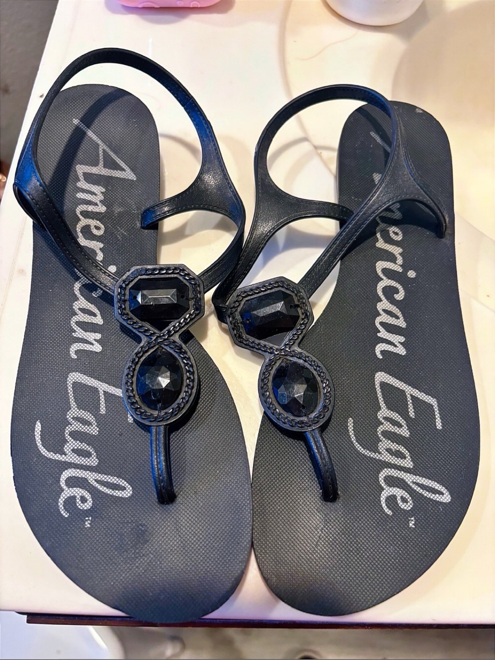 American Eagle Outfitters Black Jeweled T-Strap Sandals